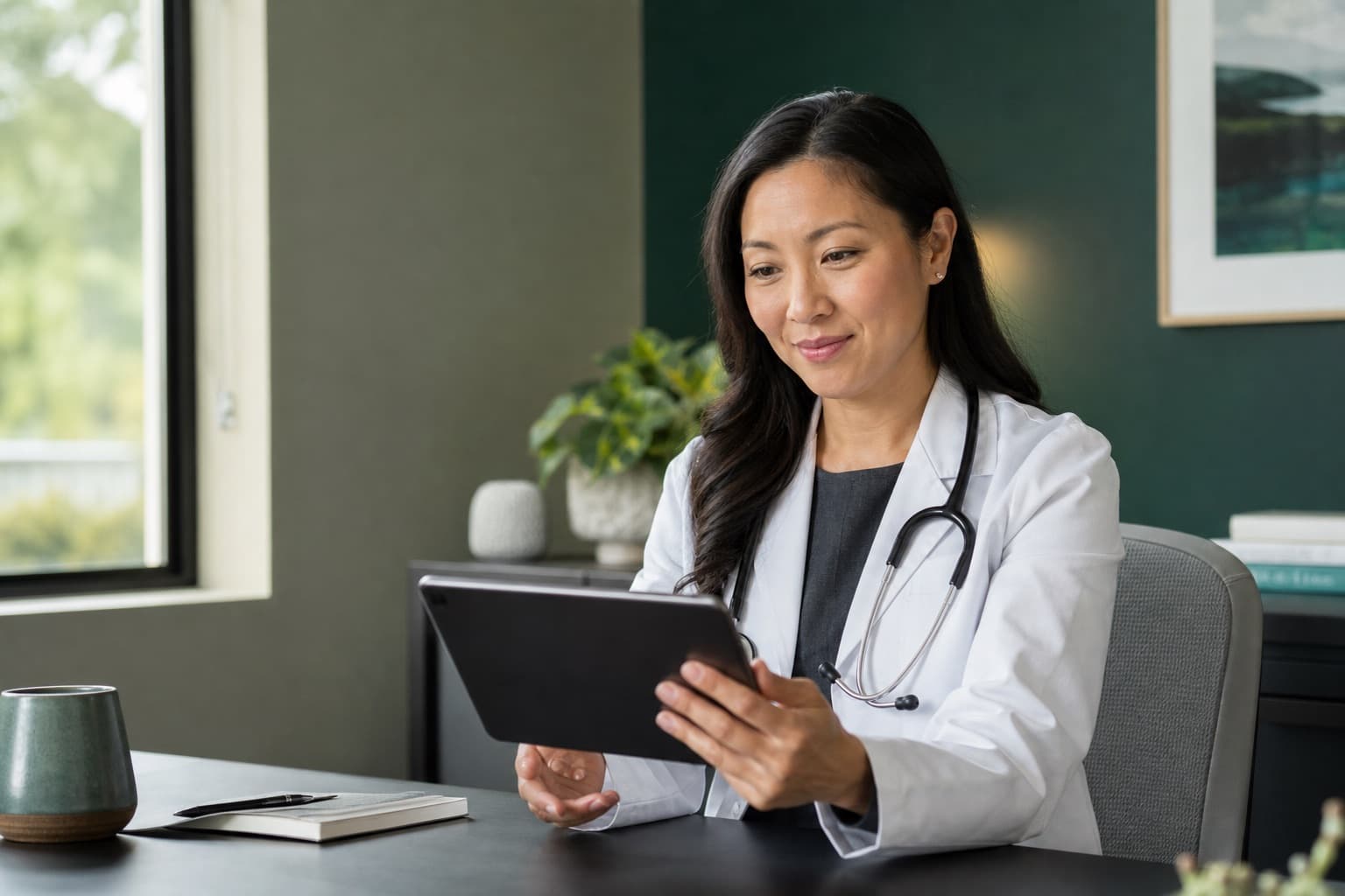 Physician reviewing notes during a virtual follow-up appointment