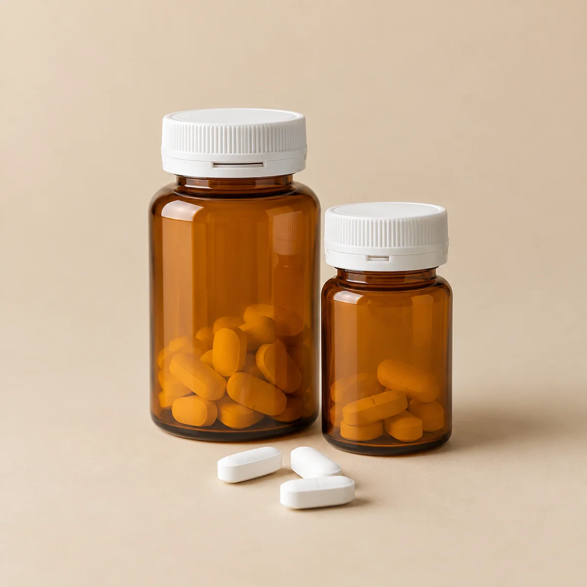 Amber pharmacy bottles and tablets on a beige background