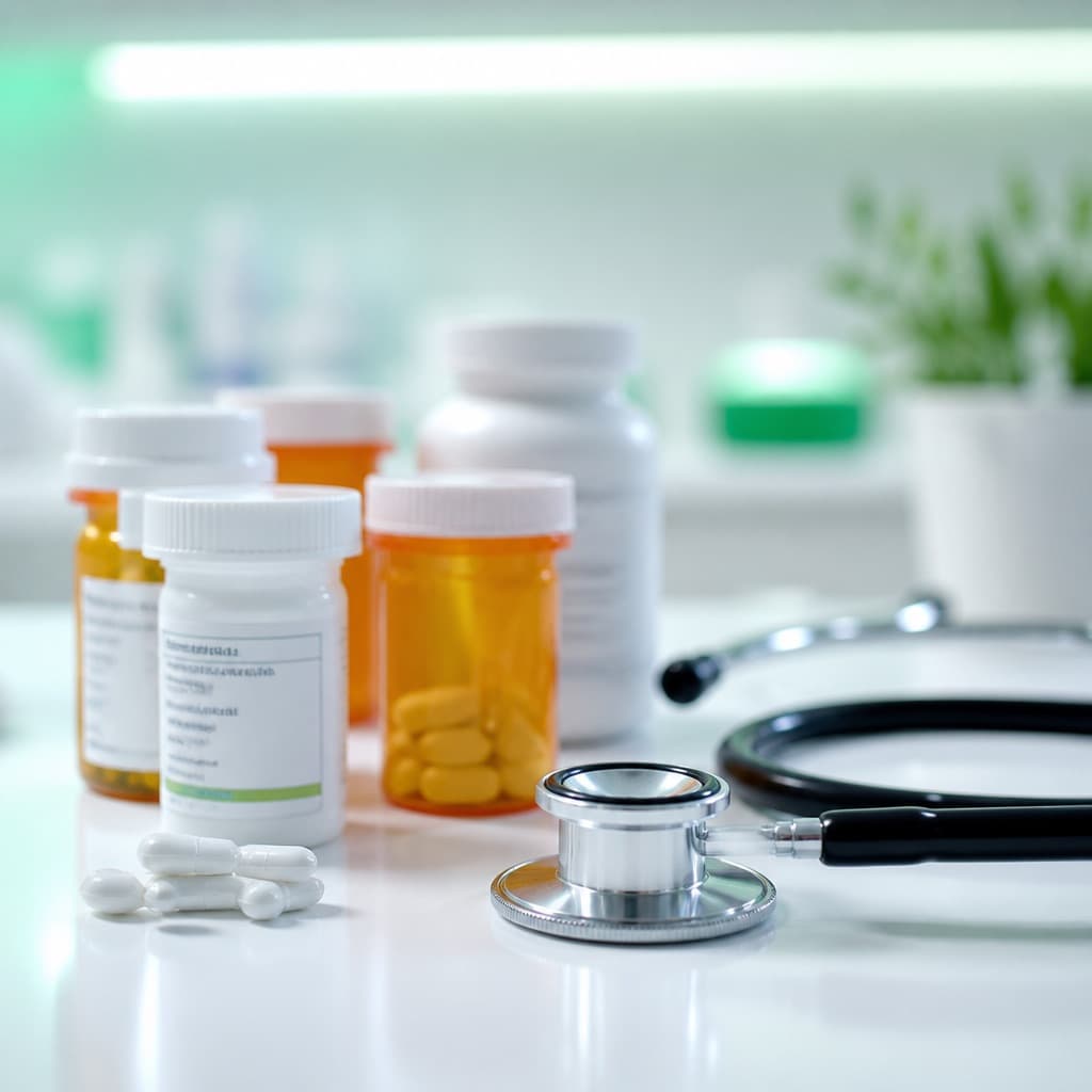 Prescription bottles and a medication list