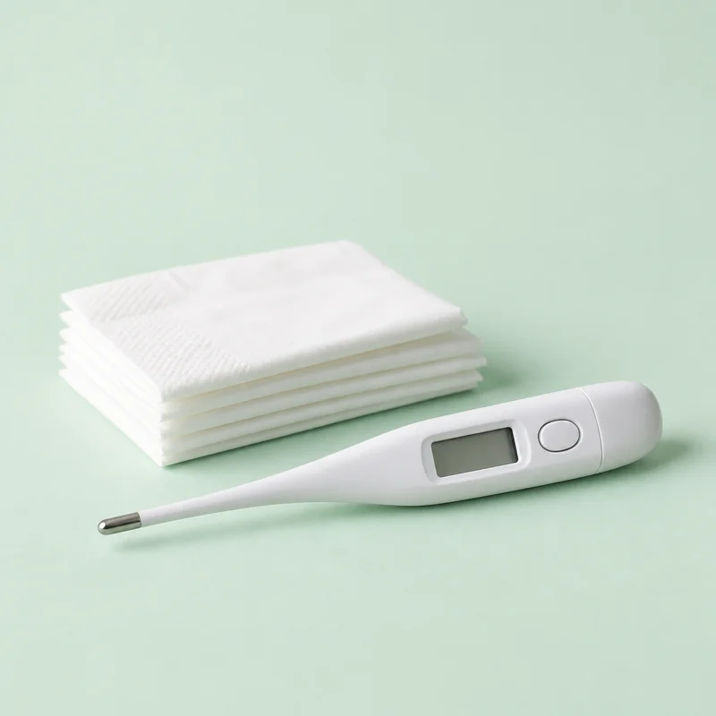 Thermometer and white tissues on a mint background