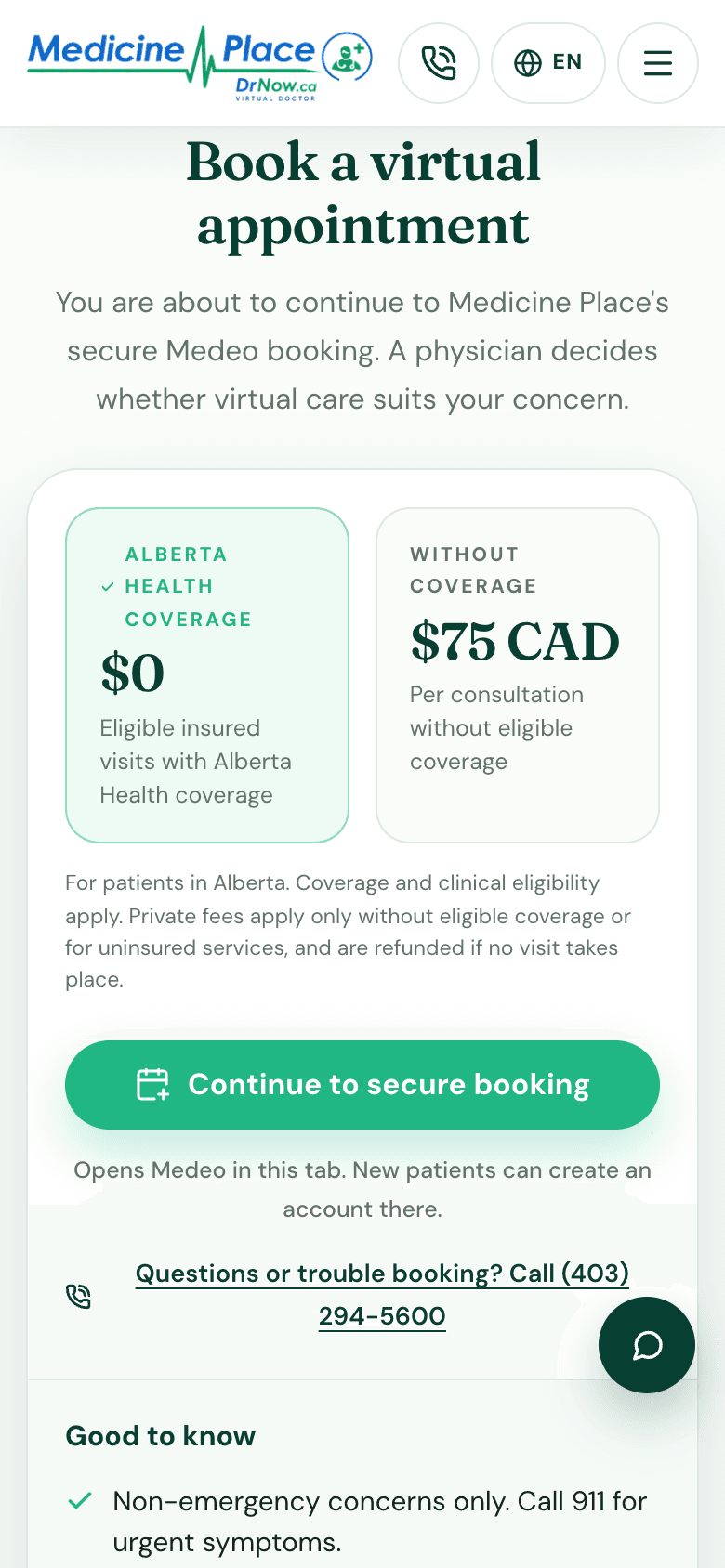 DR Now booking page with prices and the Continue to secure booking button