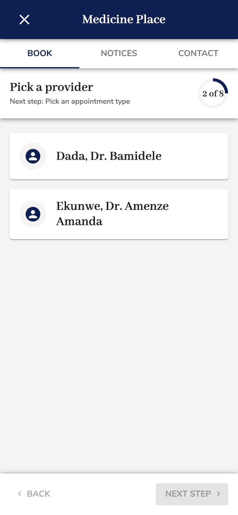 Medeo step: pick a provider at Medicine Place