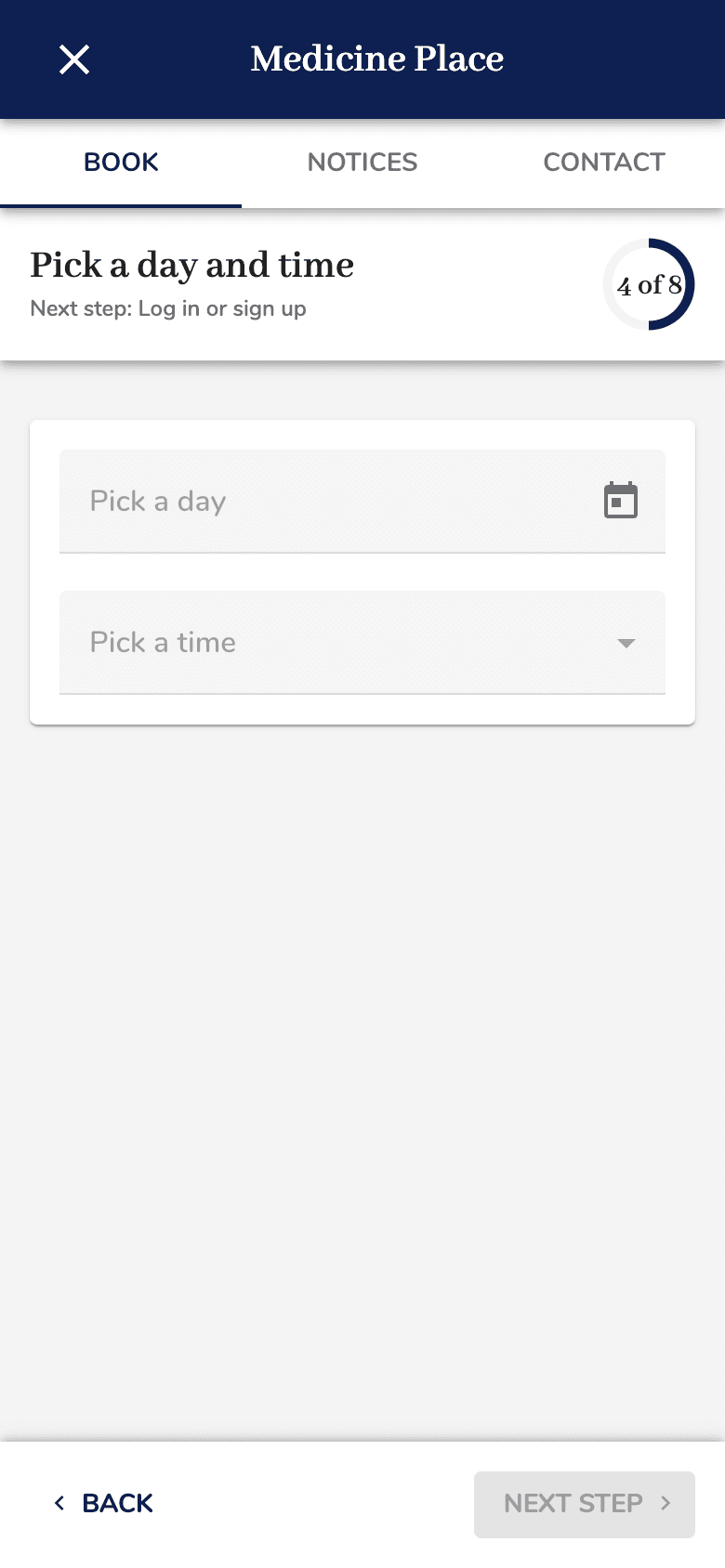 Medeo step: pick a day and a time
